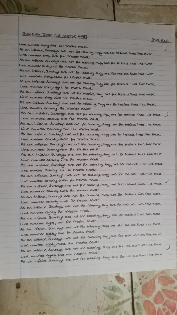 MasterMattLines's tweet photo. Two bits of cruelty from the weekend. 
1. My workhorse asked for a gruelling task for yesterday, so I obliged. Multiple hours of his Sunday later, he submitted his lines and thanked Me for My generosity and time. Such a good boy.

#linewriting #writinglines #bdsm https://t.co/zr2qU6yCio