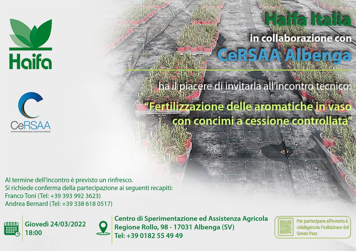 cersaa_news's tweet photo. #SaveTheDate 24 Marzo 2022 ore 18.00 Incontro tecnico organizzato da #Haifa presso #CeRSAA Recenti acquisizioni relative alla #sperimentazione in campo realizzata nella stagione 2021/22 https://t.co/tRq6RMOhOQ