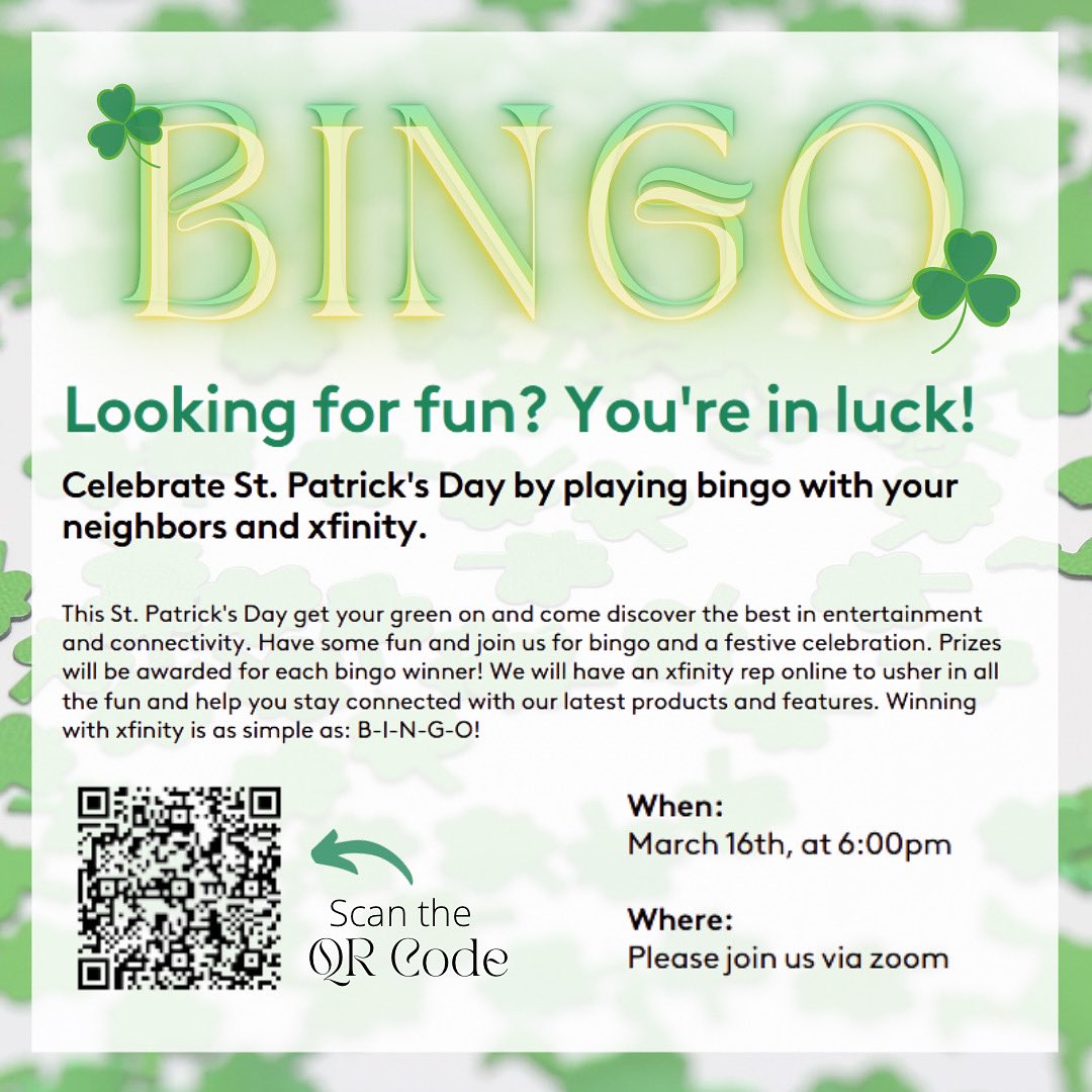 MontereyApt's tweet photo. We are partnering with @xfinity to bring you a St. Patrick’s Day B-I-N-G-O on March 16th! 🍀☘️ Scan the QR code to RSVP! #montereyapartments #alangelo #StPatricksDay  #xfinity https://t.co/HJhCfnsS6n