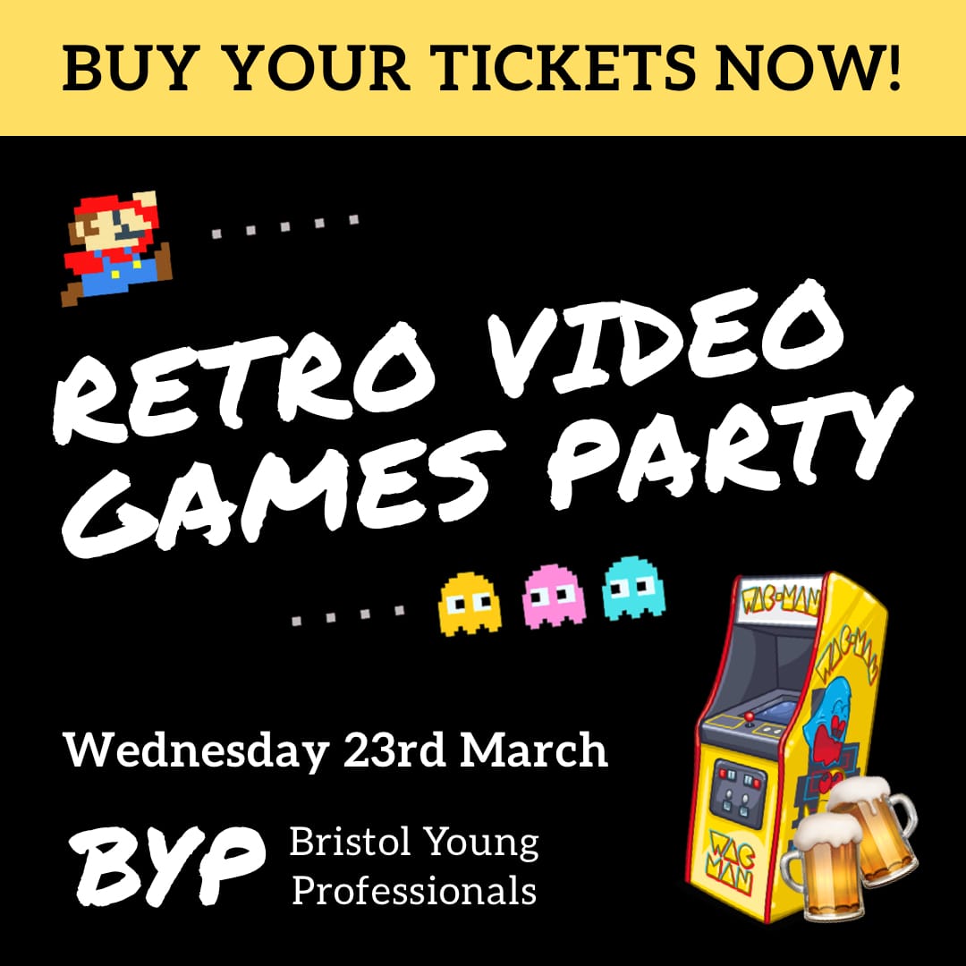 Buy your tickets now for our charity fundraiser event on 23rd March. Don't miss out! 👾🍻🎮
Full event details and tickets available here: eventbrite.co.uk/e/277527350777 

#BristolYoungProfessionals #BYP
#ArcadeGames #RetroGames #Bristol #BristolEvents