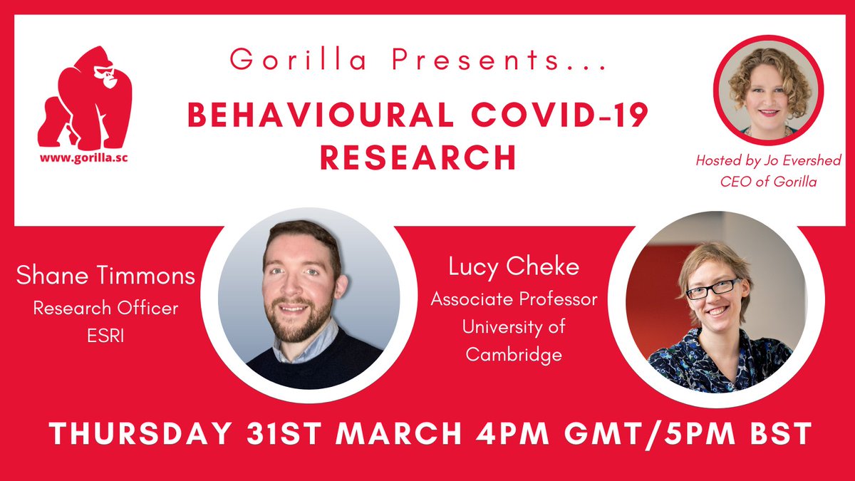 GorillaPsyc's tweet photo. 📢GORILLA PRESENTS ... COVID RESEARCH📢

@_shanetimmons will be talking about applying #Behavsci to inform public #policy for @ESRIDublin.

@LucyCheke will be talking about the cognitive impacts of COVID.

Thursday March 31 5PM BST.

#GorillaPresents

https://t.co/eT0OAf0Iey https://t.co/H3CCn0hGWX