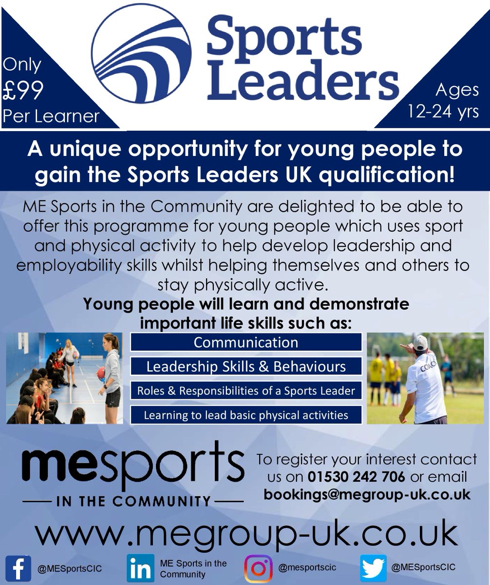 Great opportunity for young people with an interest in sports...Register your interest now on 01530 242 706 or bookings@megroup-uk.co.uk 
Group delivery and/or discounts are available to groups, clubs and youth organisations.
#sports #SportsLeadership #sport