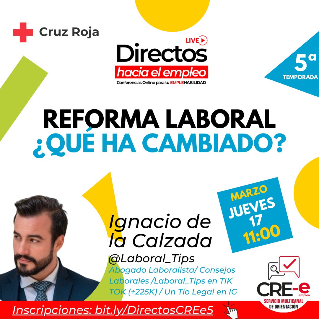 📺​​𝗗𝗶𝗿𝗲𝗰𝘁𝗼𝘀 𝗵𝗮𝗰𝗶𝗮 𝗲𝗹 𝗘𝗺𝗽𝗹𝗲𝗼: Reforma laboral ¿Qué cambia? 
📅  𝗝𝗨𝗘𝗩𝗘𝗦 𝟭𝟳 𝗗𝗘 𝗠𝗔𝗥𝗭𝗢 
⏰ 𝟭𝟭:𝟬𝟬 (peninsular). 
🎙 🎙 Con Ignacio de la Calzada (<a href="/calzada_nacho/">UN TIO LEGAL</a>) Abogado laboralista RR.SS [Un Tío legal]
bit.ly/DirectosCRE_