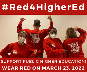 PSC_CUNY's tweet photo. CUNYwide #RedforHigherEd Action

PSC members at every campus and worksite and activists traveling to Albany will wear #Red4HigherEd on Wednesday, March 23. 

Click here --> https://t.co/1OMBafMW2r <-- to make the commitment to wear red on March 23rd. https://t.co/k3tWWnqtyk