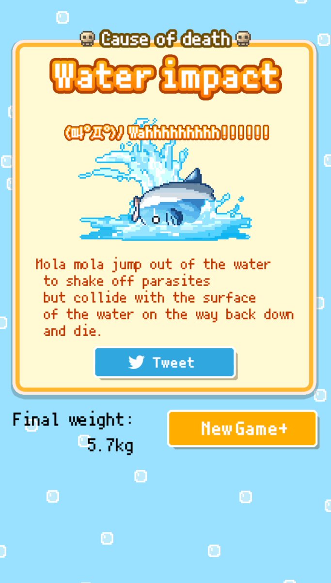 make_kkb's tweet image. がんばって育てたマンボウが…
＿人人 人人＿
＞ 突然の死 ＜
￣Y^Y^Y^Y￣
死因: [Water impact]
体重：5.7kg
無料育成ゲーム【生きろ！マンボウ】
#マンボウ selectbutton.jp/apps/manbo