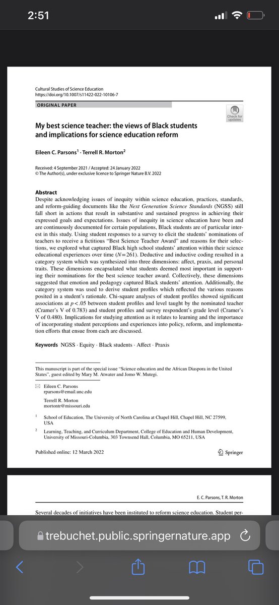 DrTRMorton's tweet photo. 🚨New Publication Alert🚨

I am excited to share “My Best #Science Teacher: The Views of Black Students and Implications for #ScienceEducation Reform” coauthored by Eileen Parsons, published in @cssejournal 

https://t.co/kcJ6ULsooy

#BlackInSTEM #STEM #CADASE #NGSS #Equity https://t.co/sYbBPw52b8