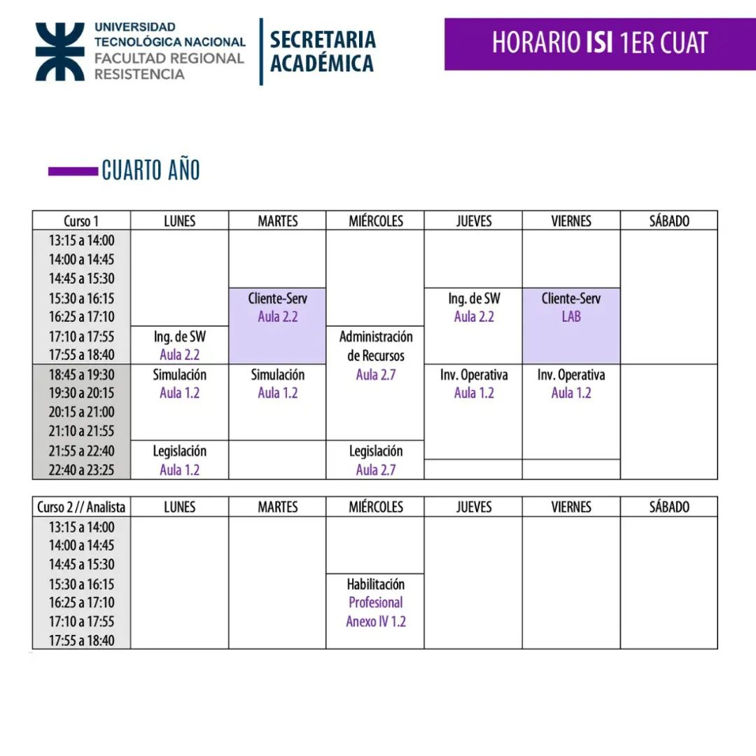 utfrre's tweet photo. Horarios ISI #UTN #FRRe https://t.co/phVFwp184x