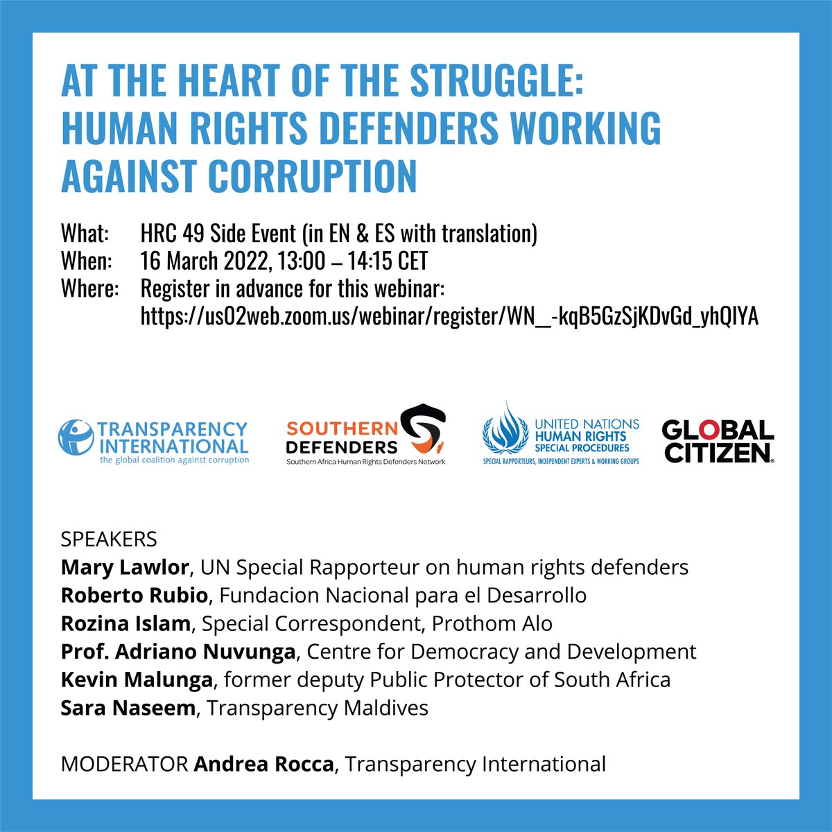 anticorruption's tweet photo. ➡️ Watch the interactive session with UN Special Rapporteur on Human Rights Defenders: https://t.co/tzgbtBS5RD

➡️ Read the latest report: https://t.co/INISzfXUhh

➡️ Join our #HRC49 side event with @MaryLawlorhrds: https://t.co/3TIqSrWVqQ https://t.co/RCDeGmfcrJ