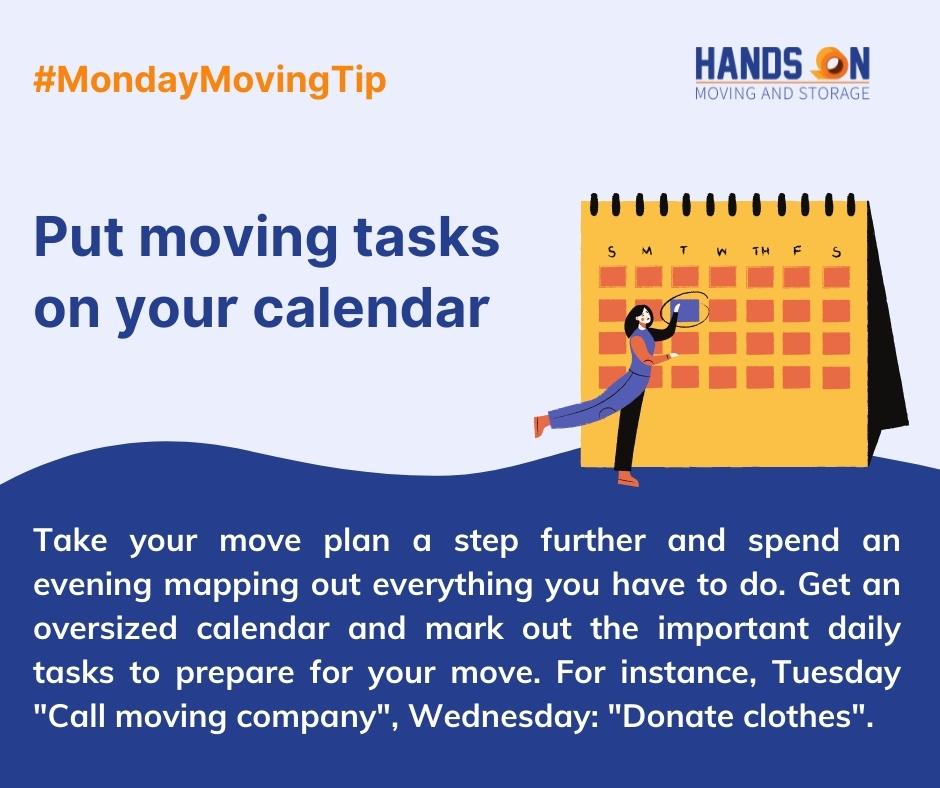 handsonmoving's tweet image. Map out your tasks visually on a calendar so you don't miss any. 
#MondayMovingTip #MovingTasks #MovingPlan #ResidentialMovers #HandsOnMoving