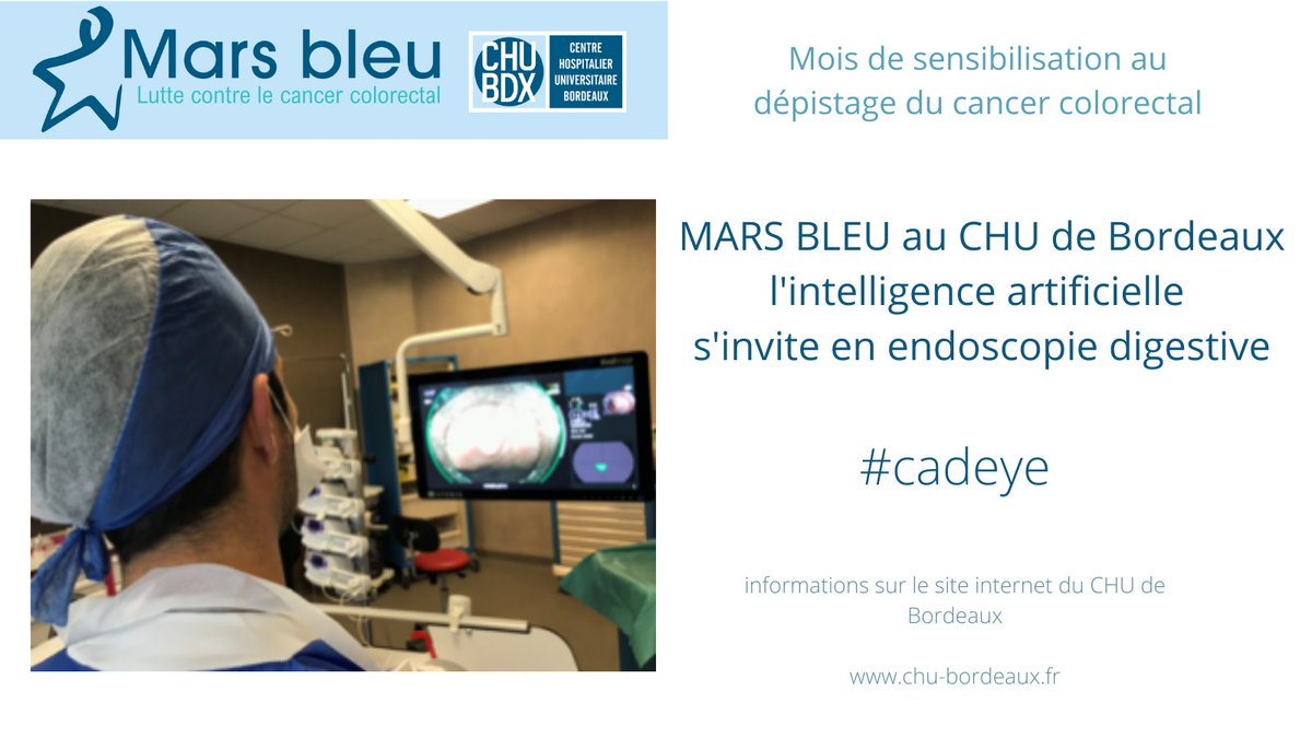CHUBordeaux's tweet photo. [#MARSBLEU 🔵] Le service d’hépato-gastro-entérologie oncologie du @CHUBordeaux possède le système #CADEYE : une #IA au service du #dépistage en endoscopie digestive. Il aide à la détection des #polypes et la prédiction de leur histologie #parlonsfesses
ℹ️ https://t.co/r9W3VdVnUw https://t.co/U3aNJ2h3Zs