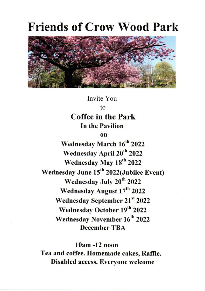 CalderPCNsCare's tweet photo. Friends of Crow Wood Park
Restarting their coffee mornings March 16th
Meet in the Pavilion 10am-12pm https://t.co/jUQ6rdCm7p