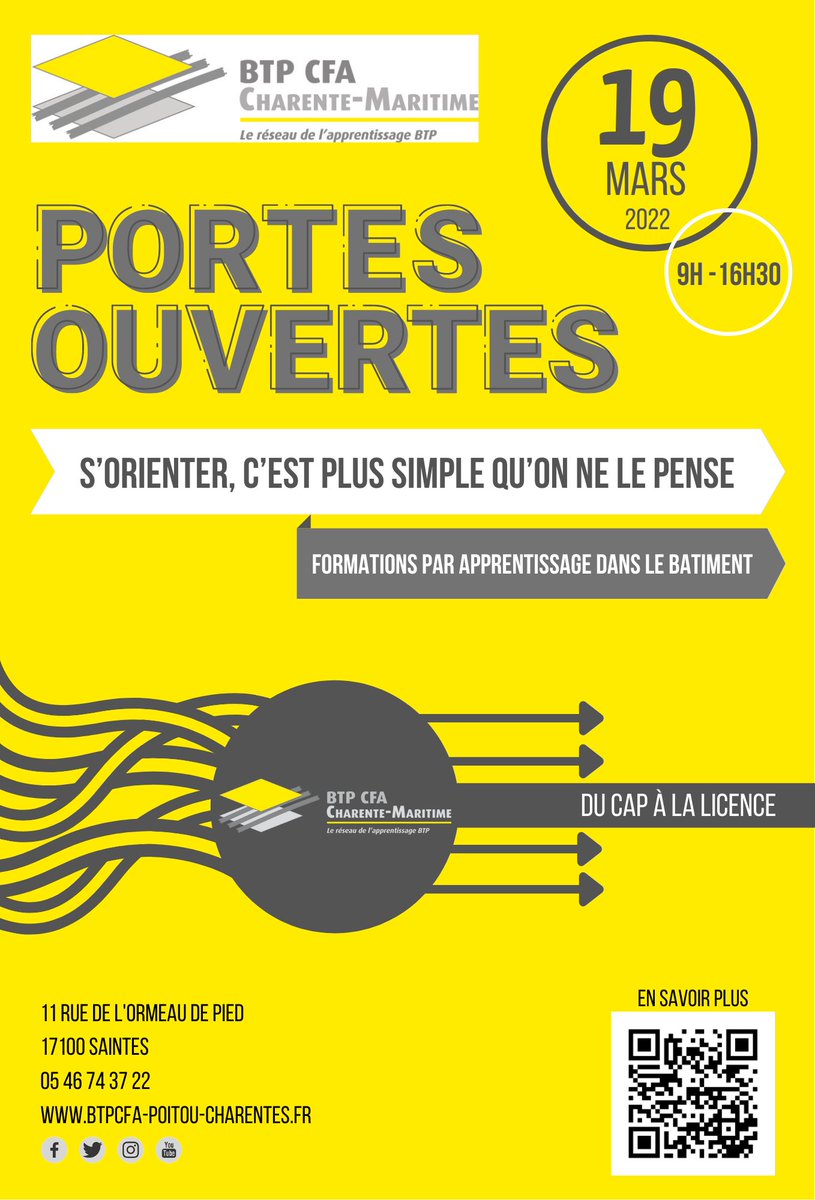 📣[BTP CFA 17 - JOURNÉE #PORTESOUVERTES] ‼️
Venez visiter notre BTP CFA Charente-Maritime le samedi 19 mars 2022 de 9h à 16h30 ! 😉
👉 Pour plus d'informations : contactez le 05 46 74 37 22 
#btp #jpo #bâtiment #charentemaritime
