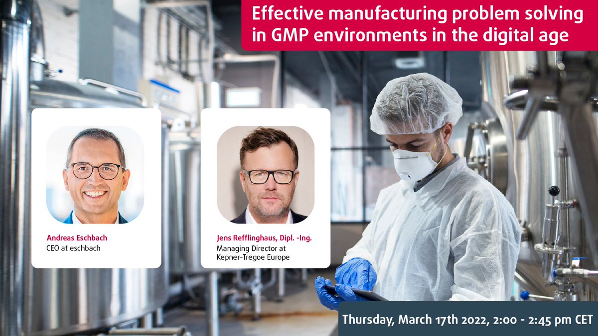 This Thursday, 17th March, 1pm UK time (9am Eastern, 14:00 Europe) 
Webinar: Effective manufacturing problem solving in GMP Environments. 
Become 20% faster: Powerful building bricks for effective problem solving  
Register here:  bit.ly/3vZb5rQ