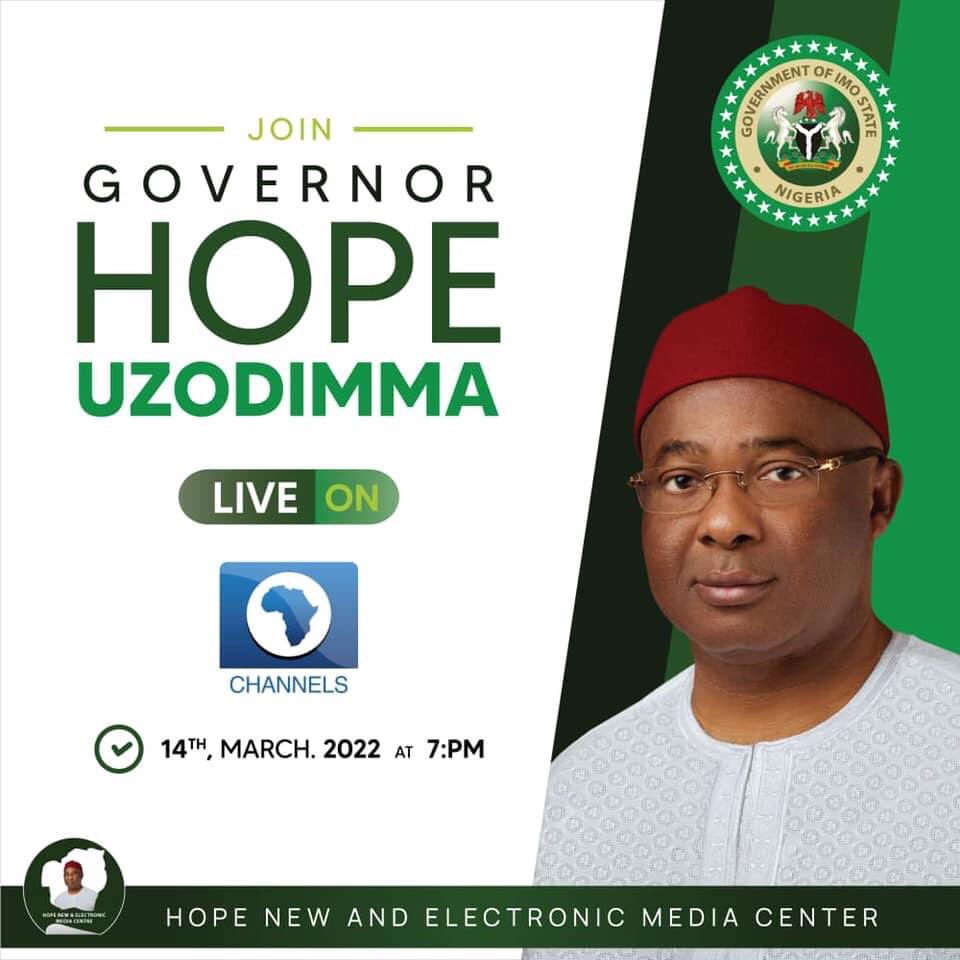dsimondim's tweet photo. Join His Excellency, Distinguished Senator @Hope_Uzodimma1 Live on @channelstv TV as he speaks on Governance and Development in @GovtOfImoState and as well as National Politics.
@seunokin
Time: 7pm
Date: 14th March, 2022
#HopeAtWork #Democracy https://t.co/dSXiGkSUk5