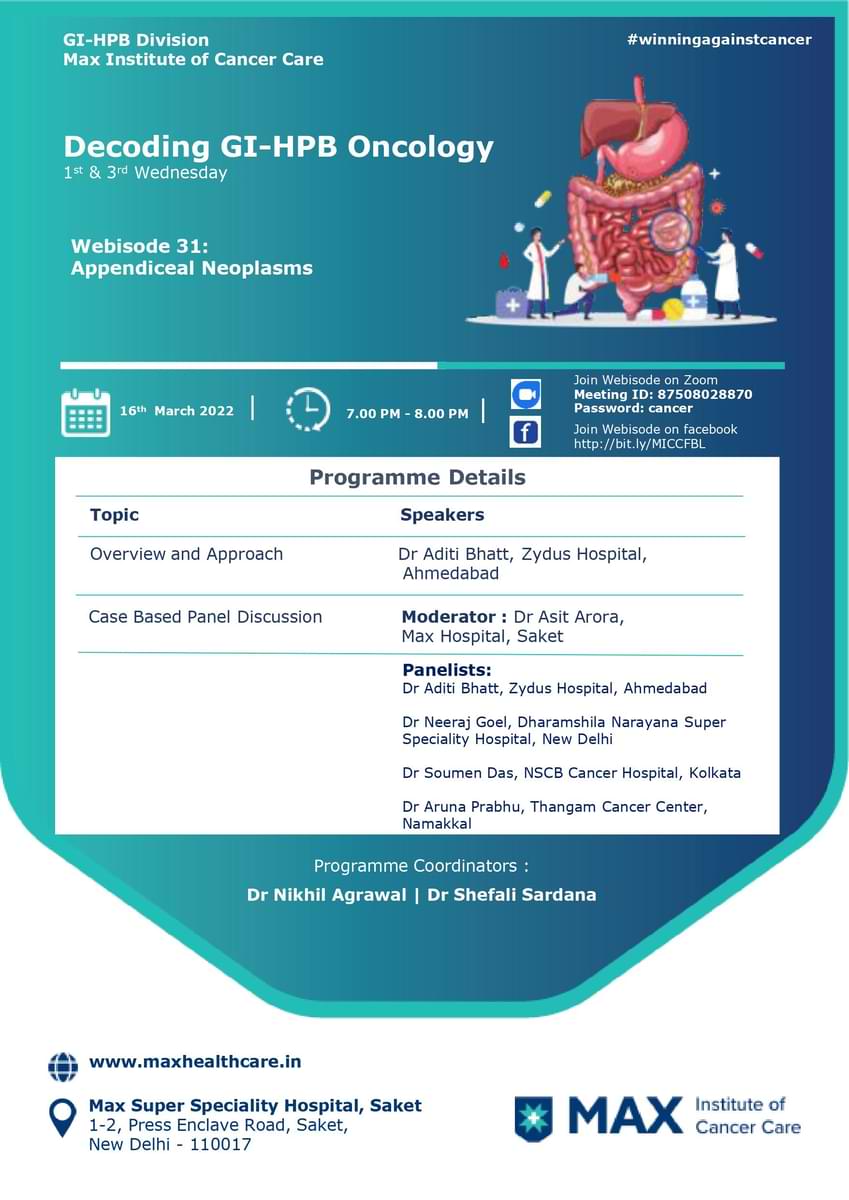 Dr. Nikhil Agrawal (@drnkhl) on Twitter photo Webisode # 31 | Decoding GI-HPB Oncology
16 Mar 2022, Wed, 7 PM
Appendiceal Neoplasms
gioncology.in
<a href="/MaxHealthcare/">Max Healthcare</a> <a href="/MaxInstCancCare/">Max Institute of Cancer Care</a> <a href="/manishdoc2000/">Manish Jain</a> <a href="/asitaroraSURG/">Asit Arora</a> <a href="/YOURONCOLOGIST/">SANDEEP BATRA</a> <a href="/drshefalisarda1/">Dr. Shefali Sardana</a> <a href="/writeslkpushkin/">Aditi Bhatt</a> <a href="/NEERAJGOELGI/">Neeraj Goel</a> <a href="/indepso/">INDEPSO</a> <a href="/harit_oncochat/">Harit Chaturvedi</a> Webisode # 31 | Decoding GI-HPB Oncology
16 Mar 2022, Wed, 7 PM
Appendiceal Neoplasms
gioncology.in
<a href="/MaxHealthcare/">Max Healthcare</a> <a href="/MaxInstCancCare/">Max Institute of Cancer Care</a> <a href="/manishdoc2000/">Manish Jain</a> <a href="/asitaroraSURG/">Asit Arora</a> <a href="/YOURONCOLOGIST/">SANDEEP BATRA</a> <a href="/drshefalisarda1/">Dr. Shefali Sardana</a> <a href="/writeslkpushkin/">Aditi Bhatt</a> <a href="/NEERAJGOELGI/">Neeraj Goel</a> <a href="/indepso/">INDEPSO</a> <a href="/harit_oncochat/">Harit Chaturvedi</a>