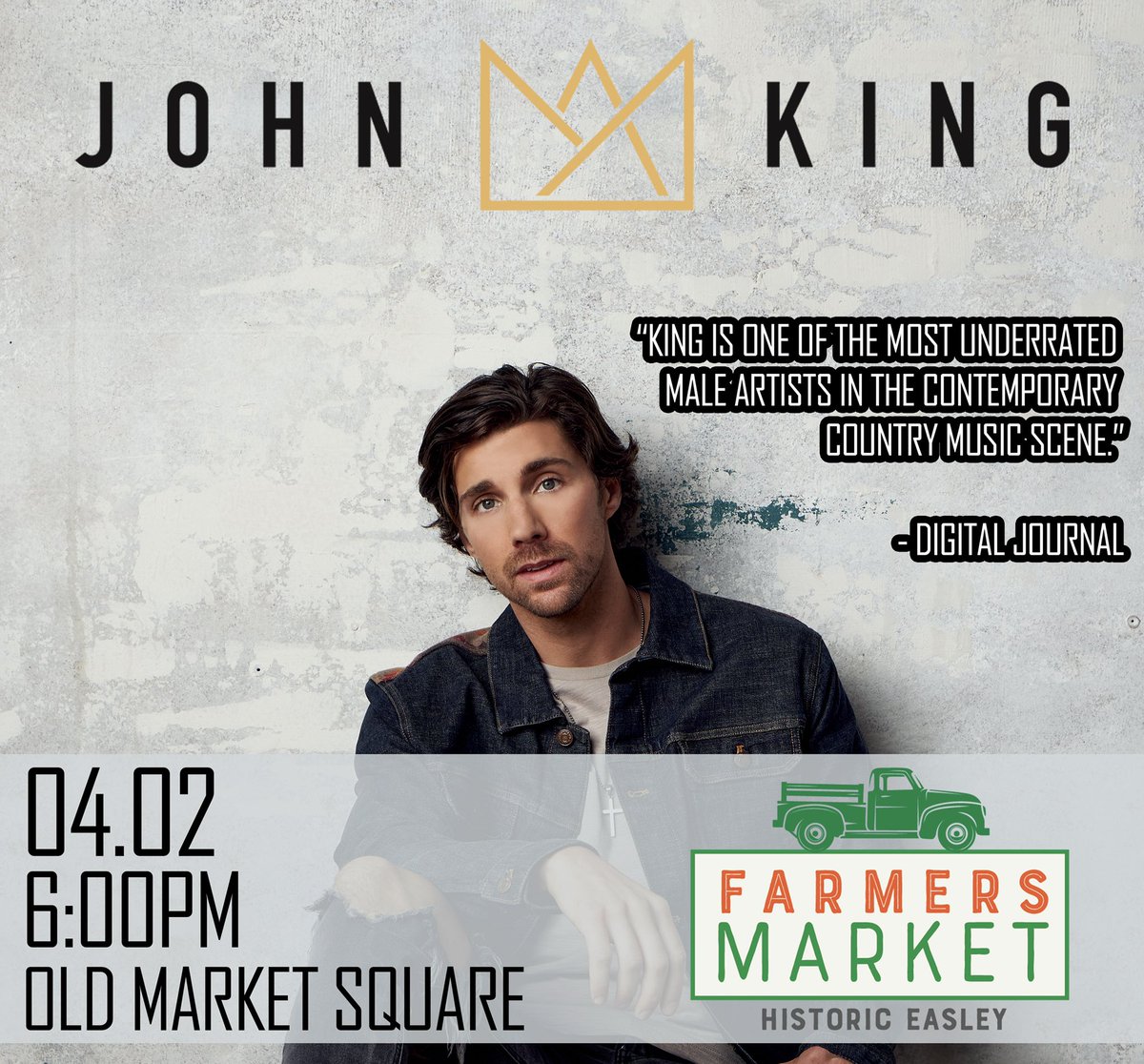 Easley Farmer's Market Headliner John King will take the stage at 6:00pm on April 2nd! 

SHARE! SHARE! SHARE!