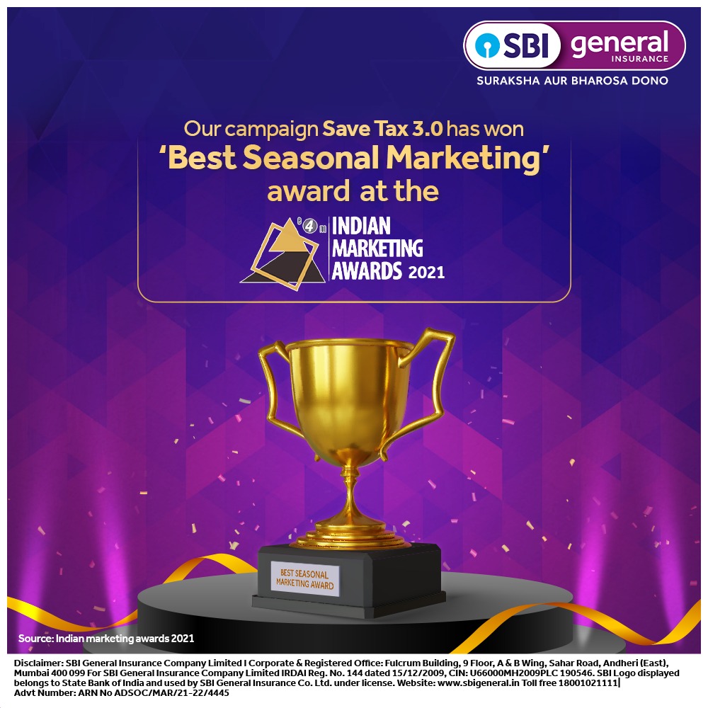 sbigeneral's tweet photo. We're 'Rapping-it-Up' at the Awards this season!

It gives us immense pleasure to announce that our campaign SaveTax 3.0 has won ‘Best Seasonal Marketing’ award at the Indian Marketing Awards 2021.

#SBIGeneral #AwardPost #Exhange4Media #IndianMarketingAwards2021 https://t.co/3oPhgg2q6y