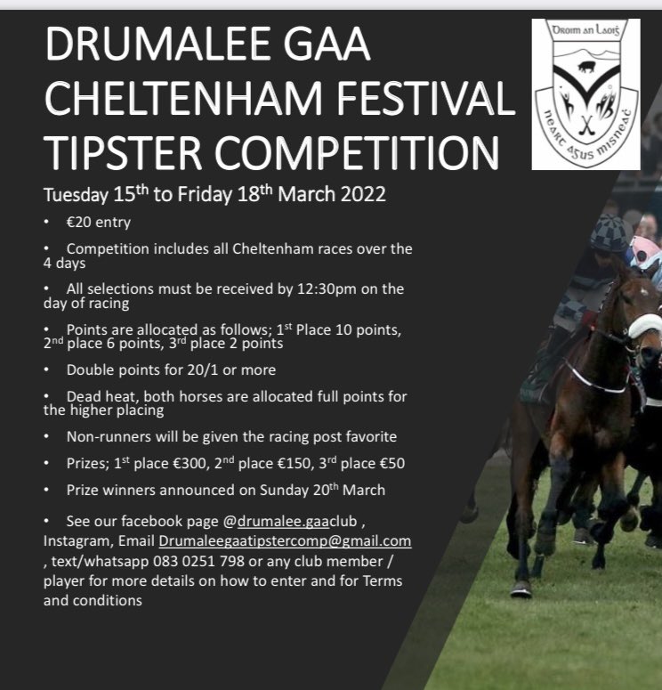 DrumaleeGFC's tweet photo. 🐎☘️⚪️⚫️Giddy up for Cheltenham with @DrumaleeGFC Tipster. Entry only €20.00. Get your entries in before 12.30 tomorrow. Great Cash Prizes💶. Enter  here ➡️ https://t.co/GBRdykL9kQ https://t.co/hYXJ863Y0P