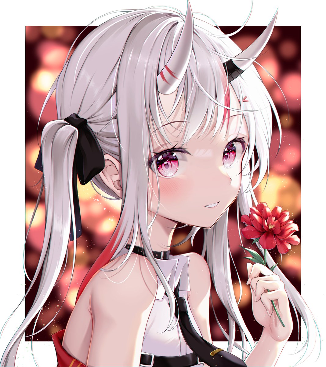 nakiri ayame 1girl horns solo holding flower flower looking at viewer long hair  illustration images