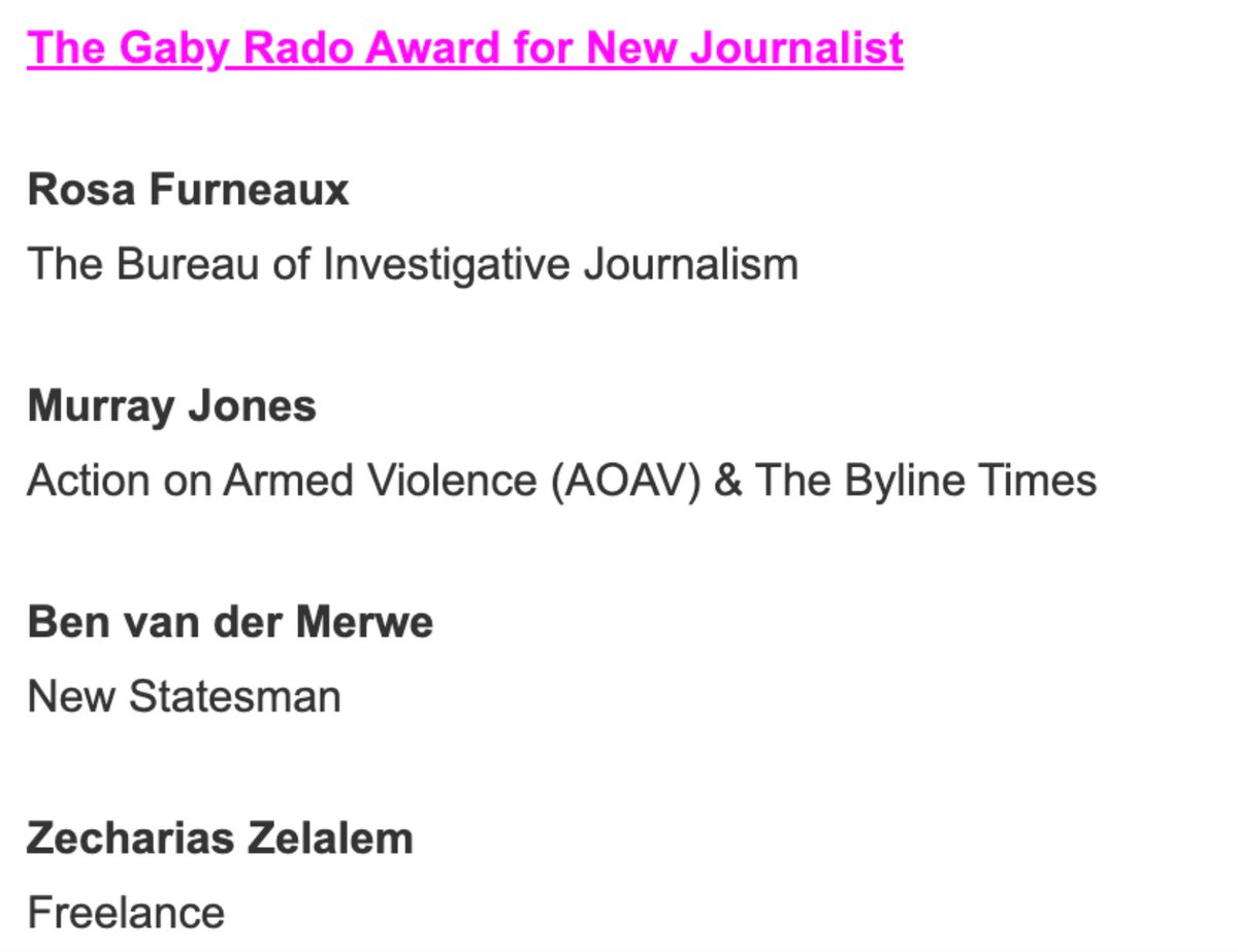 Incredibly honoured to be a finalist for The Gaby Rado New Journalist Award at this year's #AmnestyMediaAwards, alongside the incredible 
@rosafurneaux, @_BvdM and @ZekuZelalem. Thanks to @iainoverton and @BylineTimes for all the support.