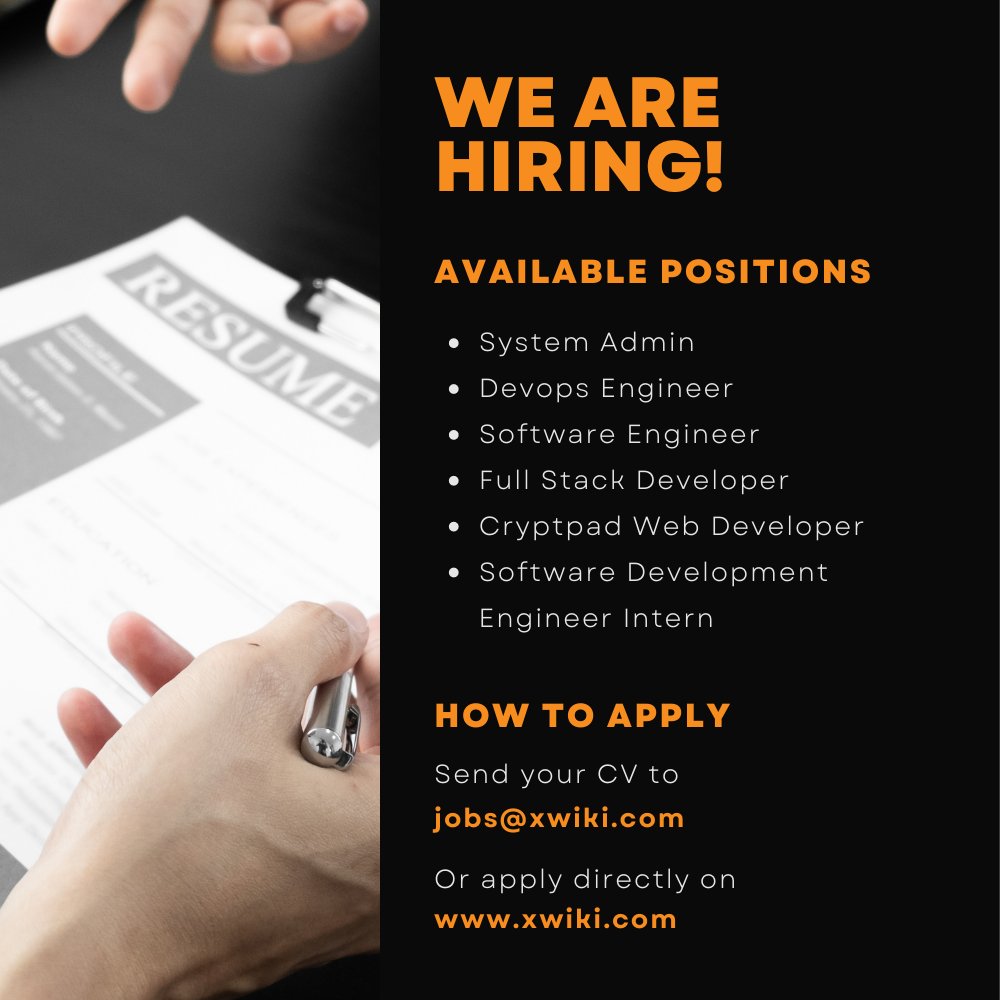 We are looking for new colleagues to join our growing team. If you're passionate about working in and contributing to Open Source, XWiki might just be the right fit for you.

Check out our current openings to find your place within our team: xwiki.com/en/company/jobs