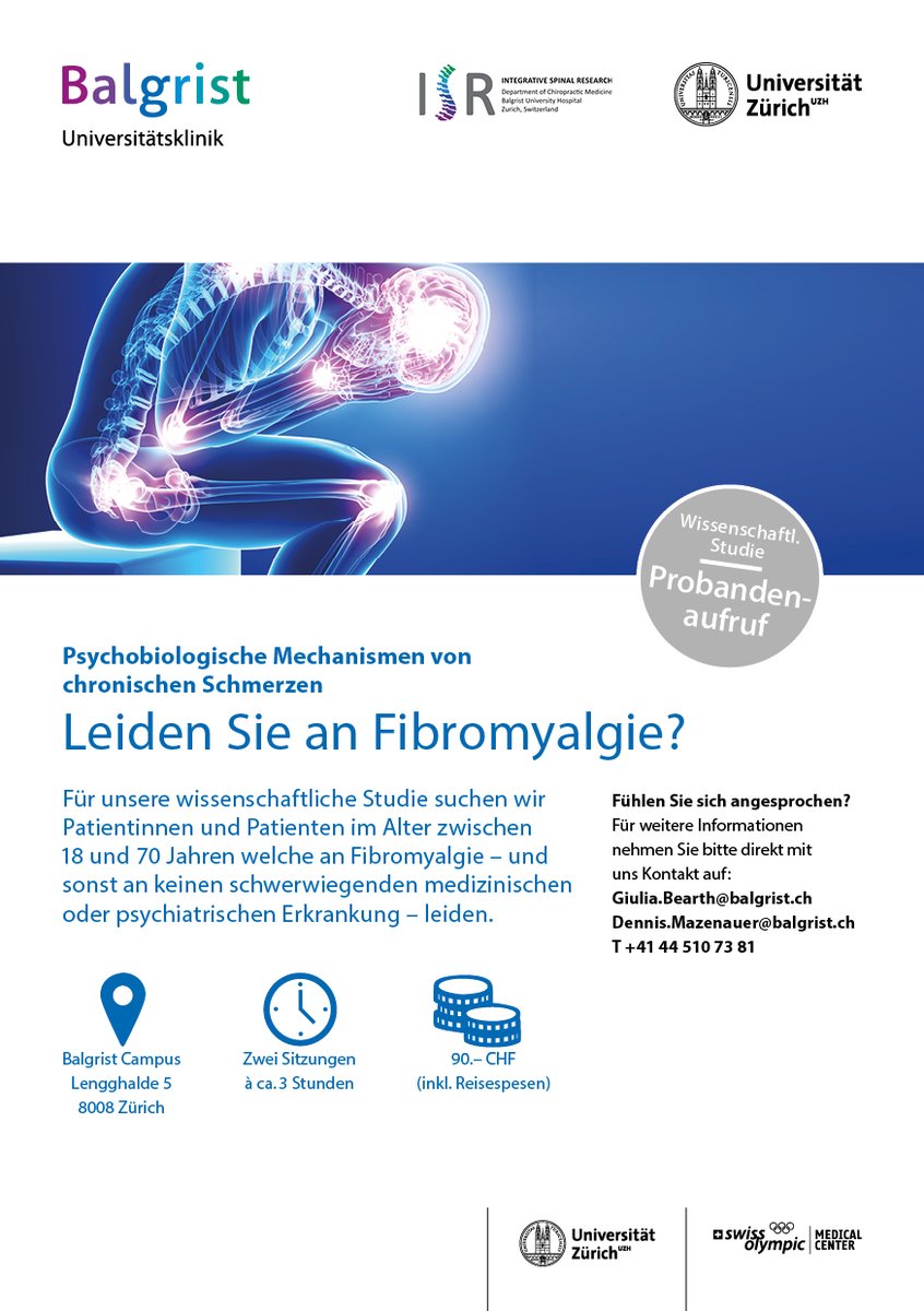 Ein Forschungsteam des @BalgristCampus untersucht chronische Schmerzerkrankungen wie die Fibromyalgie und sucht Probanden. Bei Interesse schreiben Sie uns eine E-Mail an Giulia.Bearth@balgrist.ch oder Dennis.Mazenauer@balgrist.ch.

#fibromyalgie