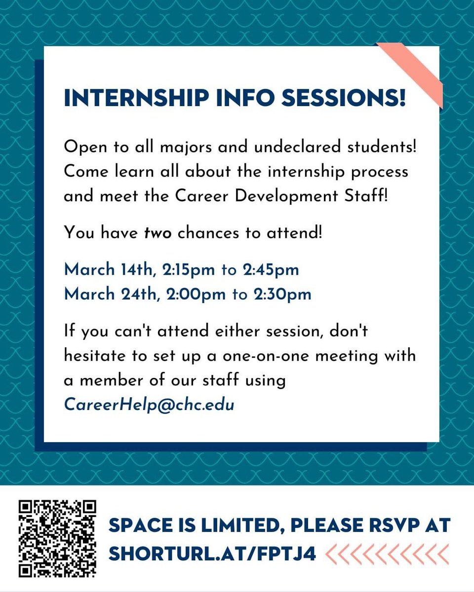 CHCCareerDev's tweet image. Today is our first Internship Info Session! Stop by MH 321 today at 2:15pm to learn about where to search for an internship, how to complete one for credit, and meet the Career Development Staff! #CHCInternshipOpportunity