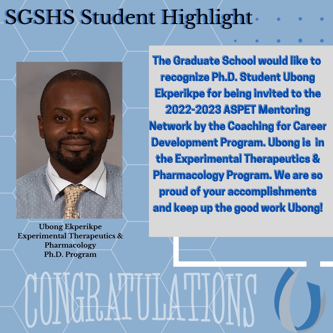 Join us as we highlight one of our Ph.D. students for receiving an invitation to the 2022- 2023 ASPET Mentoring Network by the Coaching for Career Development Program. Congratulations Ubong! #ummcampus