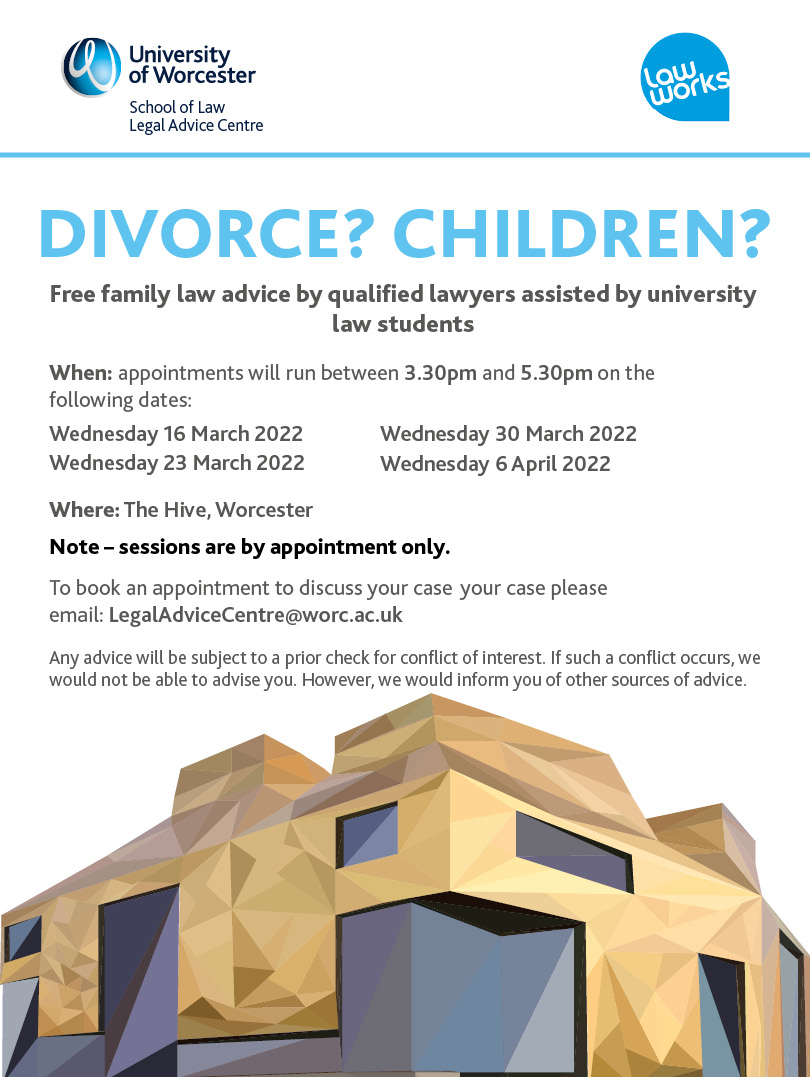 LawUniWorcester's tweet photo. The @worcester_uni School of Law's Legal Advice Centre (LAC) is re-launching this Wednesday 16th March!

The LAC provides free family law advice by qualified lawyers, assisted by @LawUniWorcester students. 

To book and discuss your case, email: LegalAdviceCentre@worc.ac.uk https://t.co/utyl997E0f