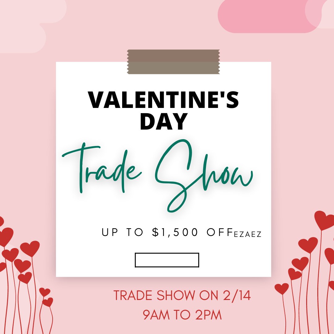 ezaezve's tweet photo. Love is in the air, and so are sales! Happy Valentine's Day Everyone!

Join us for our trade show on February 14th and send some love to us by getting a package on sale now, and help us bring people together for the holiday! Swipe to learn our pricing.

We hope to see you there! https://t.co/wxfNgSwx1M