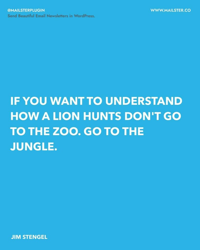 mailster's tweet photo. If you want to understand how a lion hunts don't go to the zoo. Go to the jungle.
- Jim Stengel
#successquote #inspirationquotes #inspirationalwords #quoteoftheday #motivationquotes #quote #positivevibes #personalizeditems #personalized #designyourown … https://t.co/YyDuvylFXi https://t.co/rMjaV81CsU