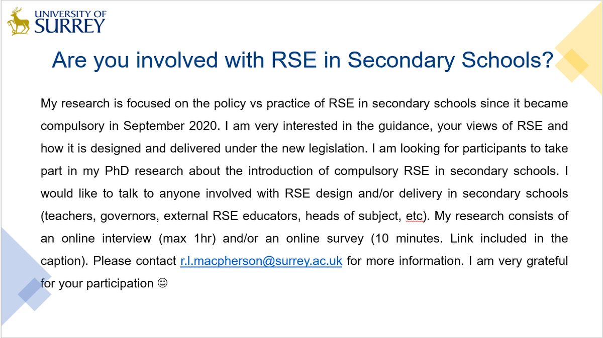 I am looking for participants for my #PhD #research on compulsory #RSE. Please like and RT :) Survey link -surreyfbel.qualtrics.com/jfe/form/SV_72…