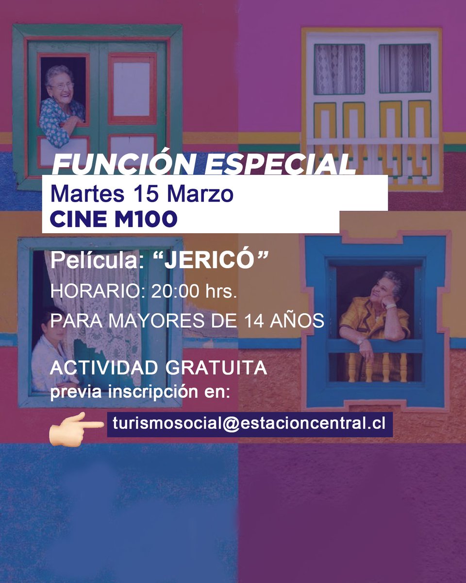 TurismoECentral's tweet photo. Buen día VECIN@S 😁, tenemos NUEVOS CUPOS para CINE EN MATUCANA 100 
 INSCRÍBASE y no se lo pierda. Les dejamos un avance de las películas*Jericó https://t.co/lXcDIl1Tzb agente topo https://t.co/7KzHQKmcgq hermanos sueñan despiertos https://t.co/tAWysUZ9p1 https://t.co/BKssnoB0GQ
