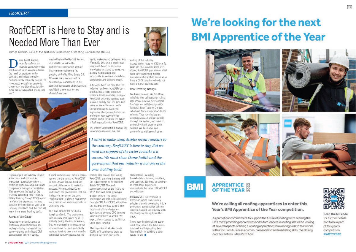 James Talman CEO of #roofing federation <a href="/TheNFRC/">NFRC</a> is emphatic that <a href="/RoofCERT/">RoofCERT</a> is here to stay &amp; explains why the competence scheme is needed more than ever for the #RoofingIndustry in Roofing Today's March edition. Read more bit.ly/RTMar22#page=8