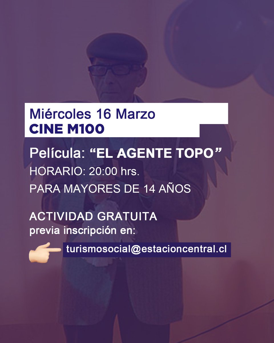 TurismoECentral's tweet photo. Buen día VECIN@S 😁, tenemos NUEVOS CUPOS para CINE EN MATUCANA 100 
 INSCRÍBASE y no se lo pierda. Les dejamos un avance de las películas*Jericó https://t.co/lXcDIl1Tzb agente topo https://t.co/7KzHQKmcgq hermanos sueñan despiertos https://t.co/tAWysUZ9p1 https://t.co/BKssnoB0GQ