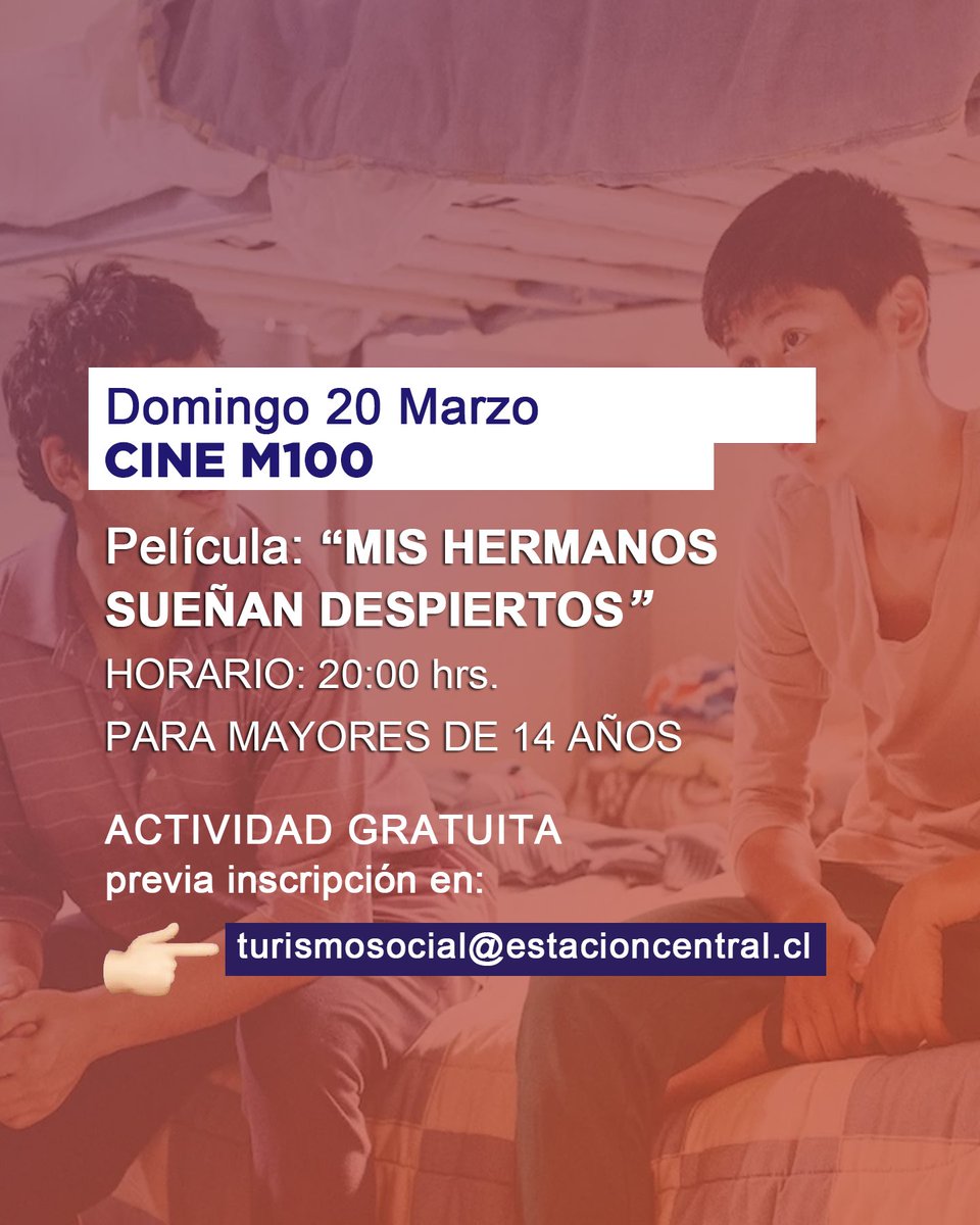 TurismoECentral's tweet photo. Buen día VECIN@S 😁, tenemos NUEVOS CUPOS para CINE EN MATUCANA 100 
 INSCRÍBASE y no se lo pierda. Les dejamos un avance de las películas*Jericó https://t.co/lXcDIl1Tzb agente topo https://t.co/7KzHQKmcgq hermanos sueñan despiertos https://t.co/tAWysUZ9p1 https://t.co/BKssnoB0GQ