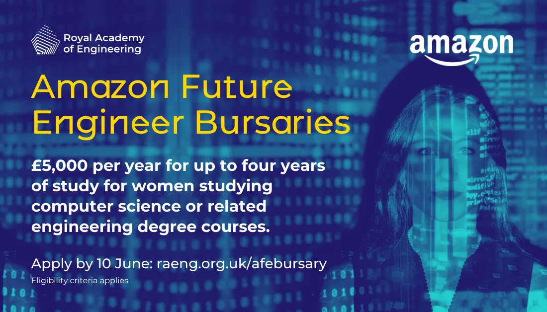 RAEngNews's tweet photo. We’re launching the second round of our Amazon Future Engineer bursaries with @AmazonNewsUK. 30 awards of £5,000 a year will support women students from low-income households progressing to study computer science and related engineering courses in 2022: https://t.co/YUzqVkCesa https://t.co/24pqlTesIY