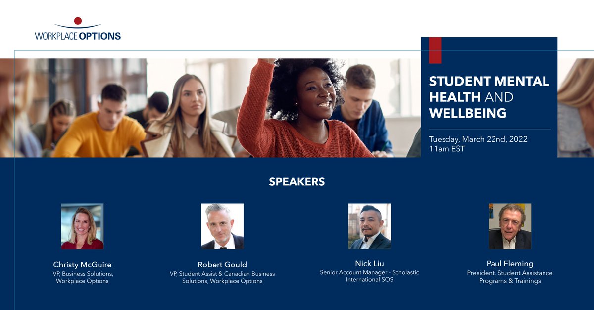 WorkplaceOption's tweet photo. WPO will host a roundtable of experts addressing the gaps in existing #studentwellbeing programs and proposing solutions to further the culture of mental health in academia on March 22nd.
Register for FREE: https://t.co/1VMVAMmg5F
#wellbeingprograms #MentalHealthMatters https://t.co/zv3VzJGEz0
