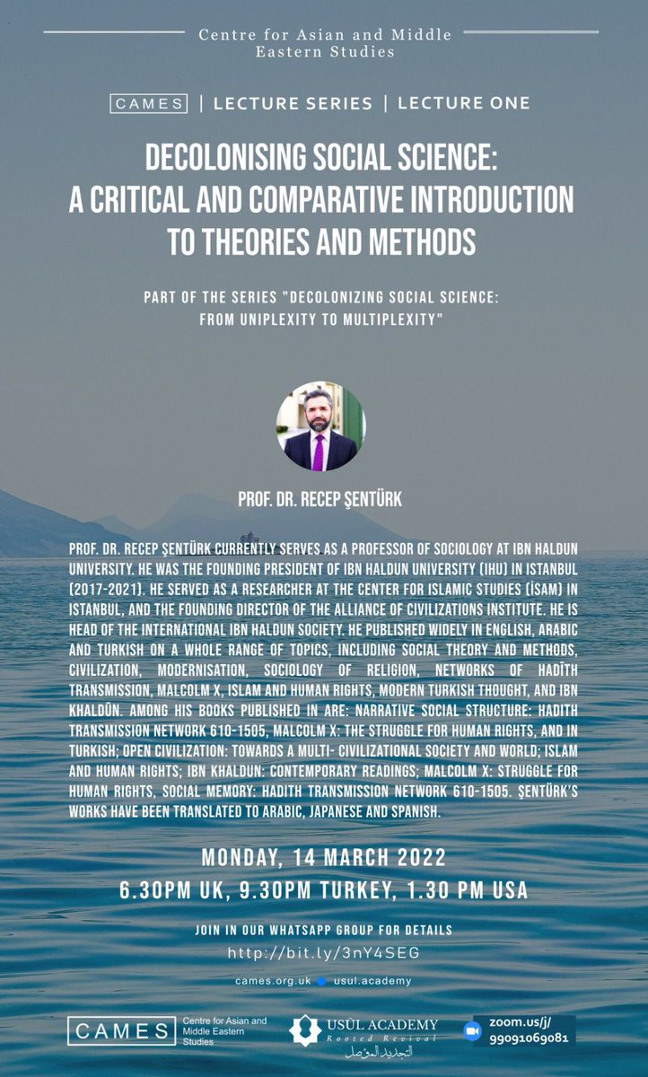Usul Academy (@usulacademy) on Twitter photo Our president <a href="/senturkrecep/">Recep Şentürk</a> is starting a new series of lectures hosted by CAMES: Decolonizing Social Sciences: From Uniplexity to Multiplexity
Zoom Link: zoom.us/j/99091069081 Our president <a href="/senturkrecep/">Recep Şentürk</a> is starting a new series of lectures hosted by CAMES: Decolonizing Social Sciences: From Uniplexity to Multiplexity
Zoom Link: zoom.us/j/99091069081