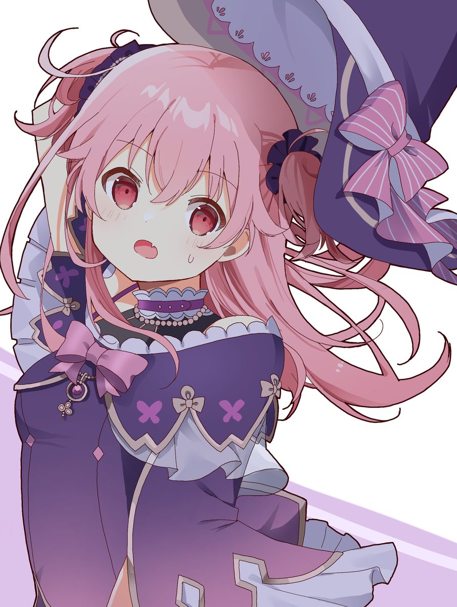 1girl hat pink hair solo witch hat fang open mouth  illustration images