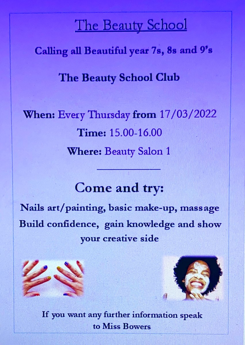 victoryadventur's tweet photo. 💄New Club Alert 🚨 Beauty Club for Yr 7, 8 &amp; 9 starts this Thursday at 3pm come and try this new club out! @VictoryAcad @VictoryBeauty 💄 https://t.co/5xuYfHxNZD