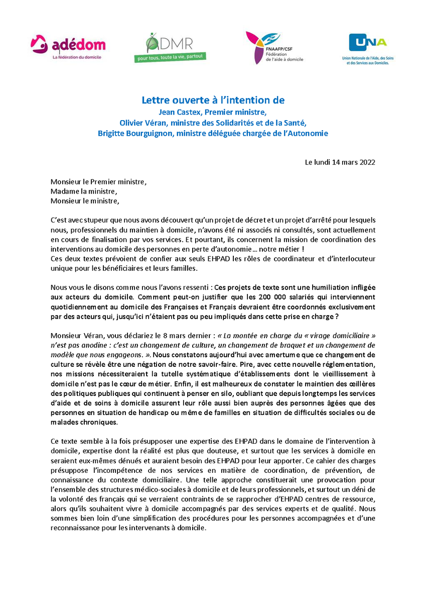 ADMRun's tweet photo. [🔴 Lettre ouverte ] Choquant : nous découvrons un projet de décret et d’arrêté du gouvernement concernant la mission de coordination des interventions au #domicile des personnes en perte d'autonomie qui serait confiée aux seuls #EHPAD.
➡️ https://t.co/CxPZSe9lge https://t.co/OoMntMSzPj
