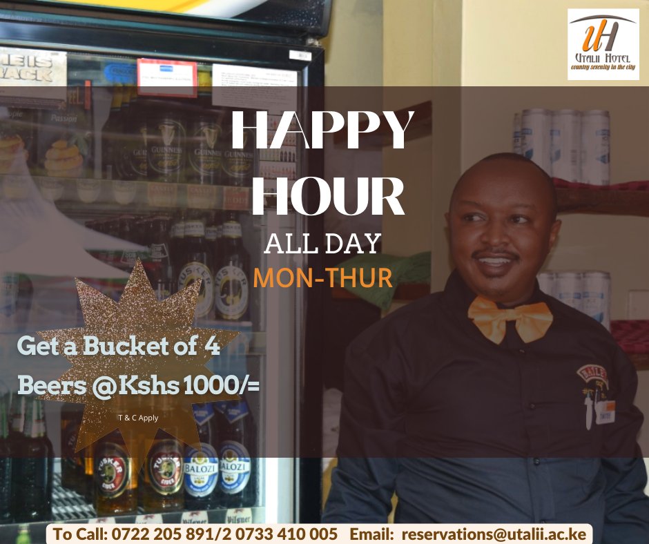 Utalii_Hotel's tweet photo. Happy hour o'clock at Utalii hotel Shangwe bar. Get a bucket of 4 beers at Kshs 1000/= from Monday to Thursday. T&C Apply
#beerpromo #happyhourallday #bar #hotelsinnaiobi #UtaliiHotel https://t.co/eh745GbcCR