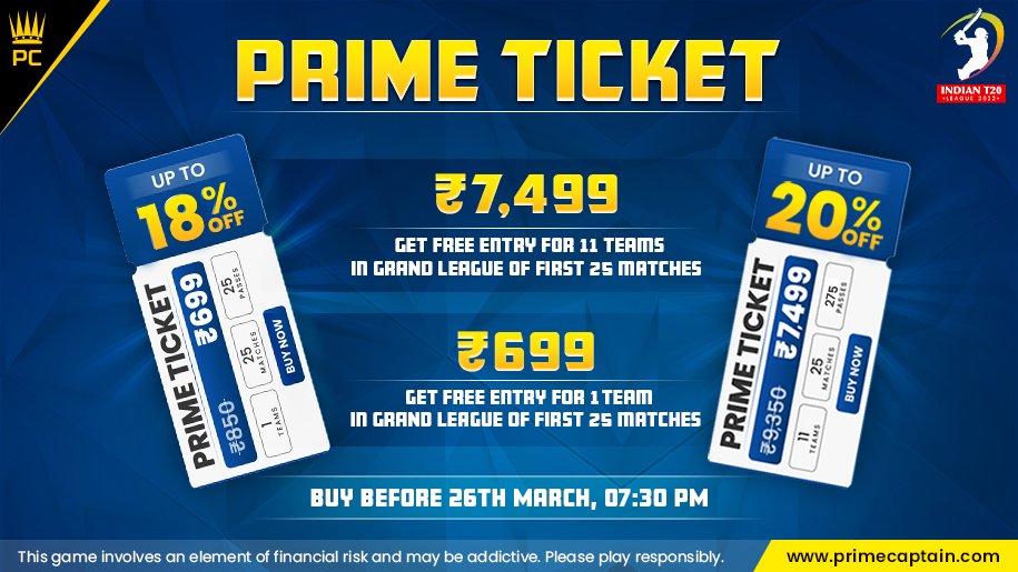PrimeCaptain1's tweet photo. Get ready to celebrate India's Biggest festival, the #IndianT20League on #PrimeCaptain.

Here is the Prime Ticket for the first 25 matches.
Buy a #PrimeTicket and avail a free entry for 11 teams in a Grand League.

*Limited Tickets
BUY NOW!!

https://t.co/gM3jFckgHS

#IPL2022 https://t.co/DoPSUGexUy