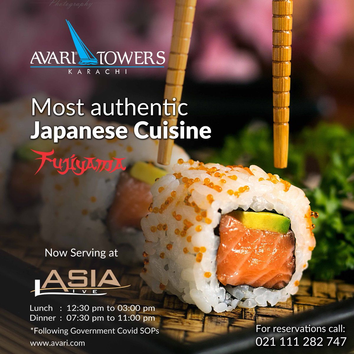 AvariTowers1986's tweet photo. Experience the most Authentic Japanese cuisine 🍣 Now serving for Lunch &amp; Dinner at Asia Live.

#japanesecuisine #fujiyama #AvariTowersKhi #AvariHotels #Asialive https://t.co/bSGdA1mDCt