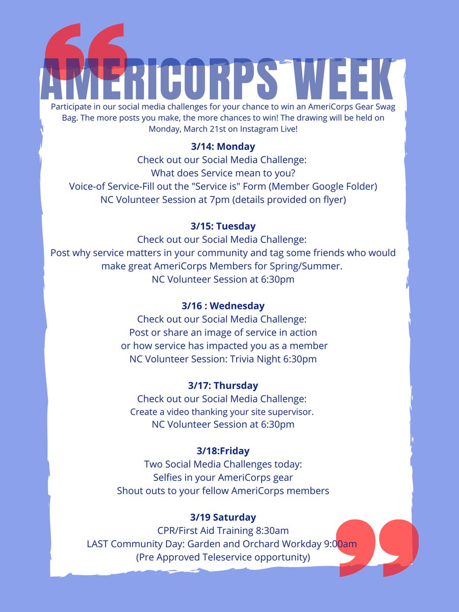 Events for AmeriCorps Week!!!! Are you as excited as we are?!?!?!?!?! #americorpsweek2022