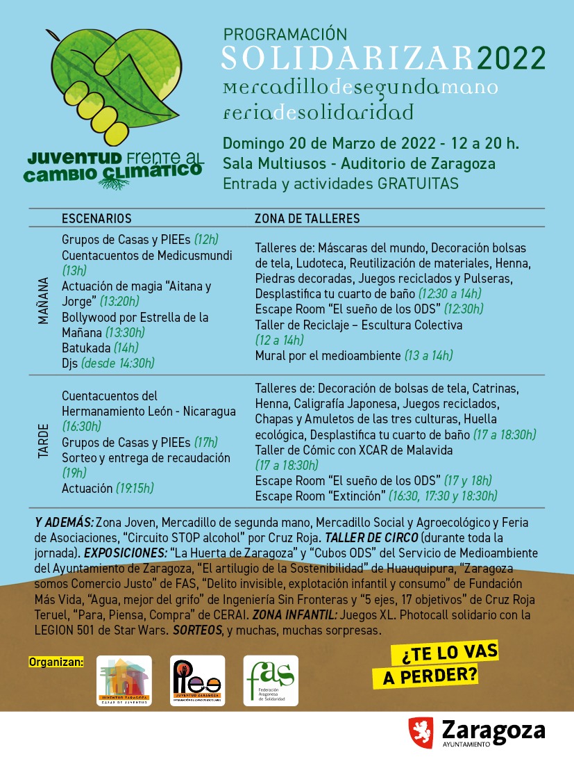 📢Domingo 20 de marzo de 12h. a 20h. #solidarizar2022 en Sala Multiusos 
<a href="/AuditorioZGZ/">Auditorio de Zaragoza Princesa Leonor</a>
▶️Mercadillo segunda mano + feria de solidaridad organizado por Casas de Juventud y PIEE 
<a href="/zaragoza_es/">AyuntamientoZaragoza</a>
 en colaboración con 
<a href="/FASaragon/">FAS</a>
Entrada y actividades gratuitasℹ️