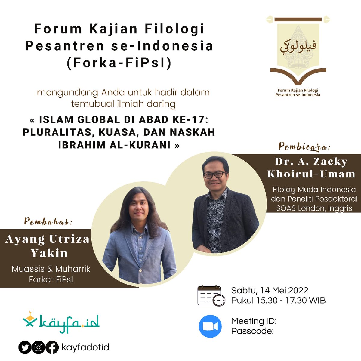 Catat di dalam buku agenda ya. Ini jadwal kajian filologi naskah keagamaan di Nusantara: April (Ramadan) &amp; Mei (Syawal).

Semoga bisa hadir secara daring. Banyak sekali ilmu yang didapat. Pastikan kehadiran Anda.🌹😍🙏

<a href="/zachumam/">Zacky K. Umam</a> <a href="/aginanjar_s/">Ahmad Ginanjar Sya'ban</a> <a href="/munawiraziz/">Munawir Aziz</a> <a href="/ElSugandi/">Budy Sugandi</a> <a href="/Stakof/">Rumail Abbas</a> <a href="/ulil/">Ulil Abshar-Abdalla</a>