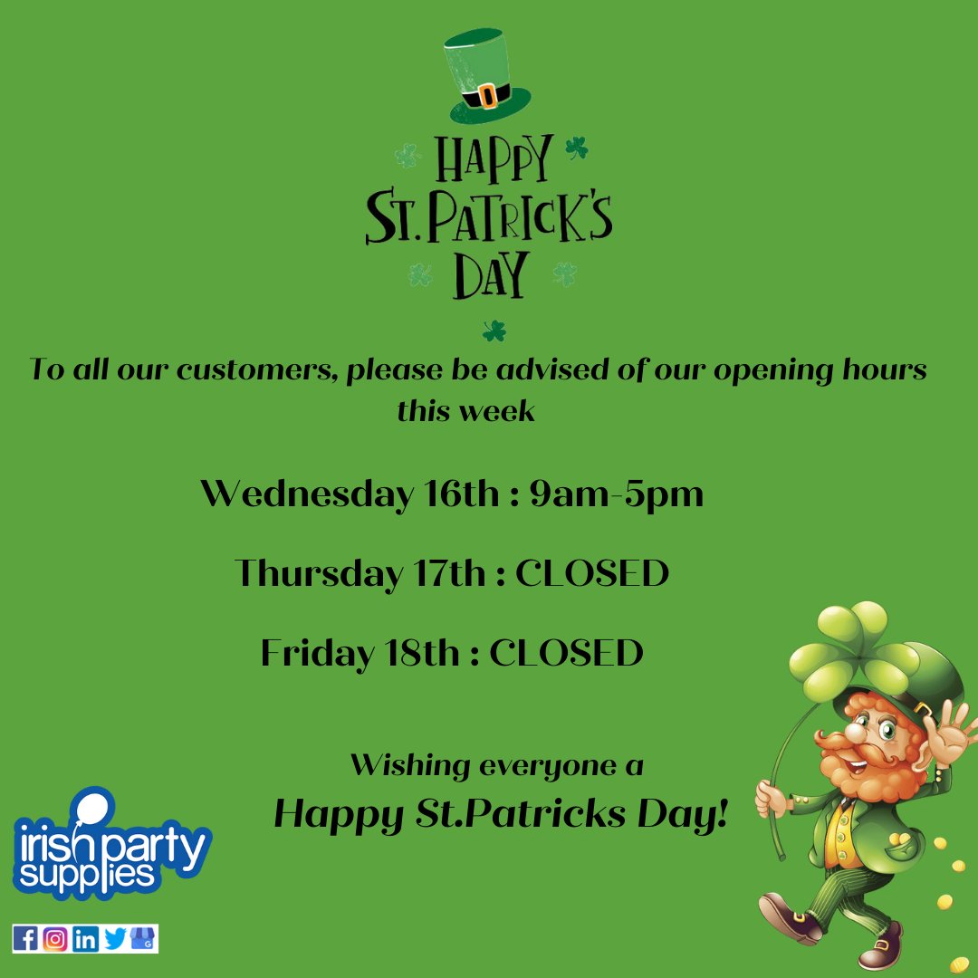 PartyIrish's tweet photo. Happy St.Patricks Day to all our Customers, Enjoy the celebrations! ☘️ https://t.co/3VmNEMYVKZ