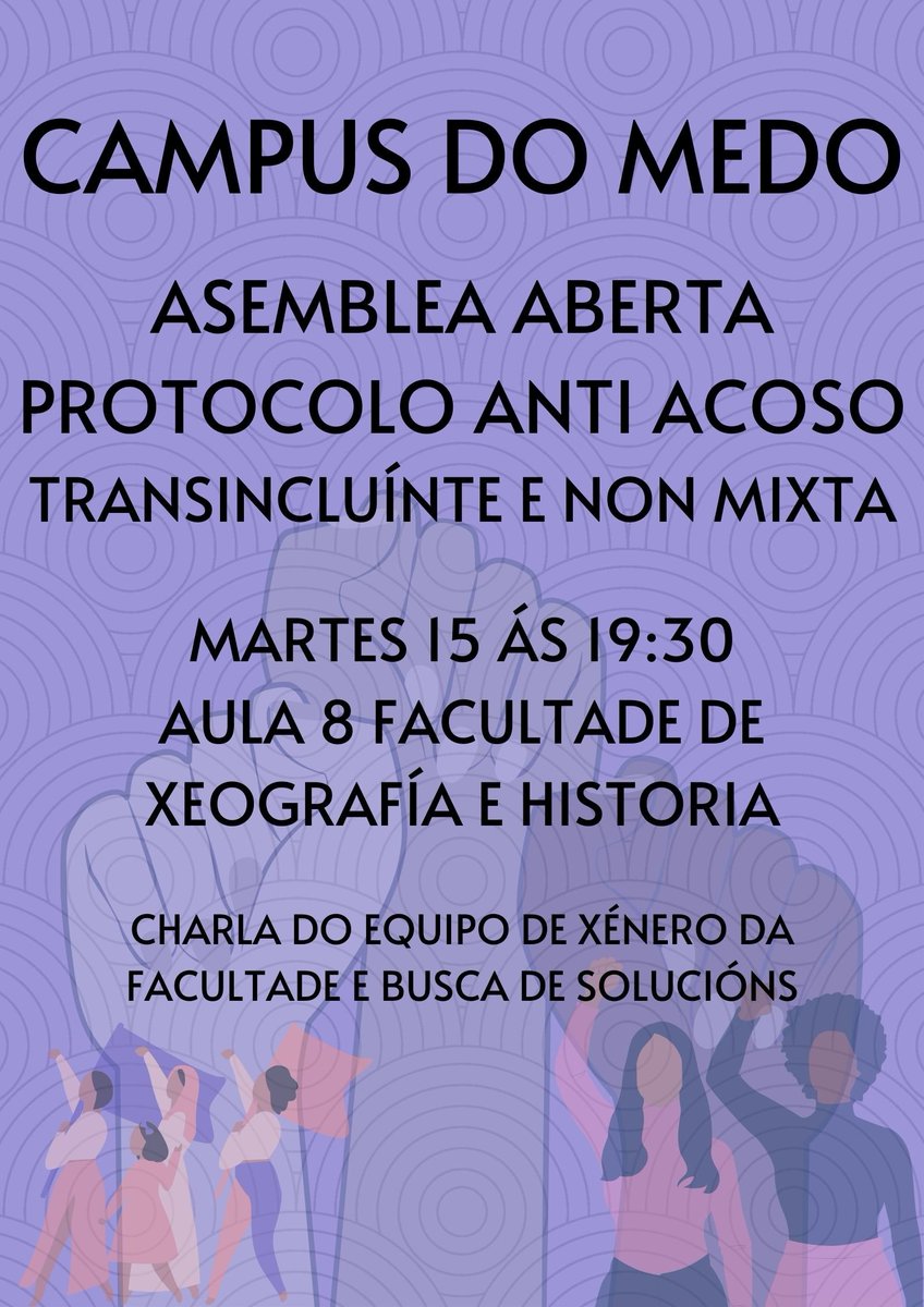 📣📆 #15M #Compostela | Charla e debate de cara á aplicación na USC dun protocolo efectivo contra o acoso.

📌 Aula 8 da Facultade de Xeografía e Historia.

🕰️ 19:30h 

Convoca <a href="/campusdomedo/">Campus Do Medo</a>.